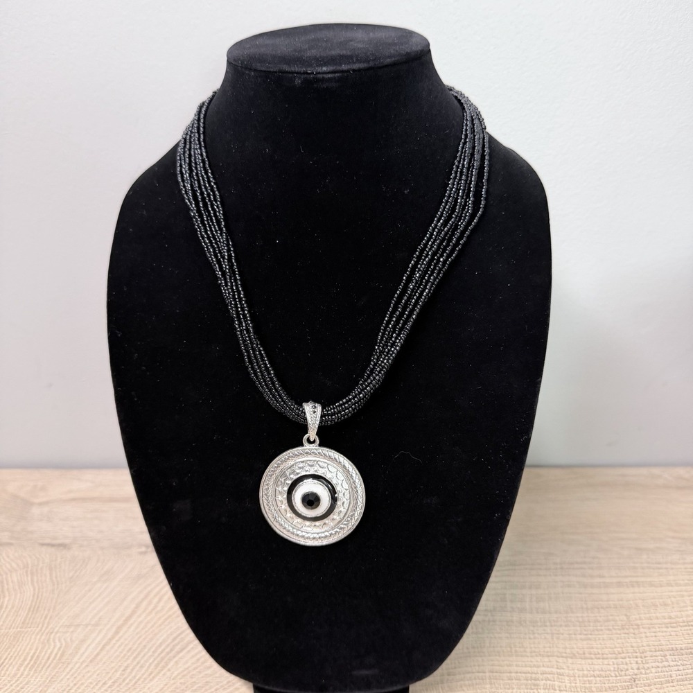Layered Black Beaded Evil Eye Pendant Necklace Boho Goth Statement‎ Jewelry